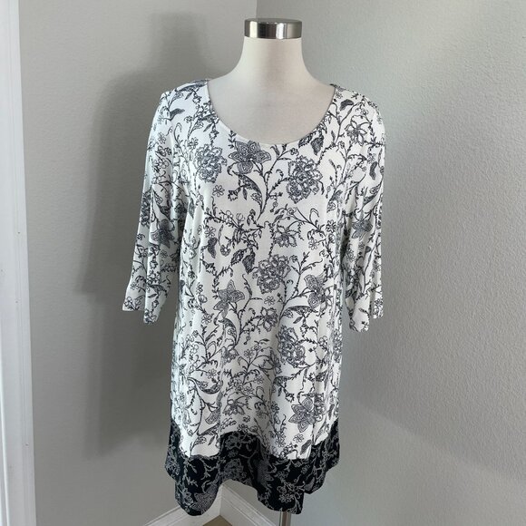 J Jill Wearever Womens Large Floral Tunic Top Stretch Short Sleeve Shirt - Picture 1 of 9